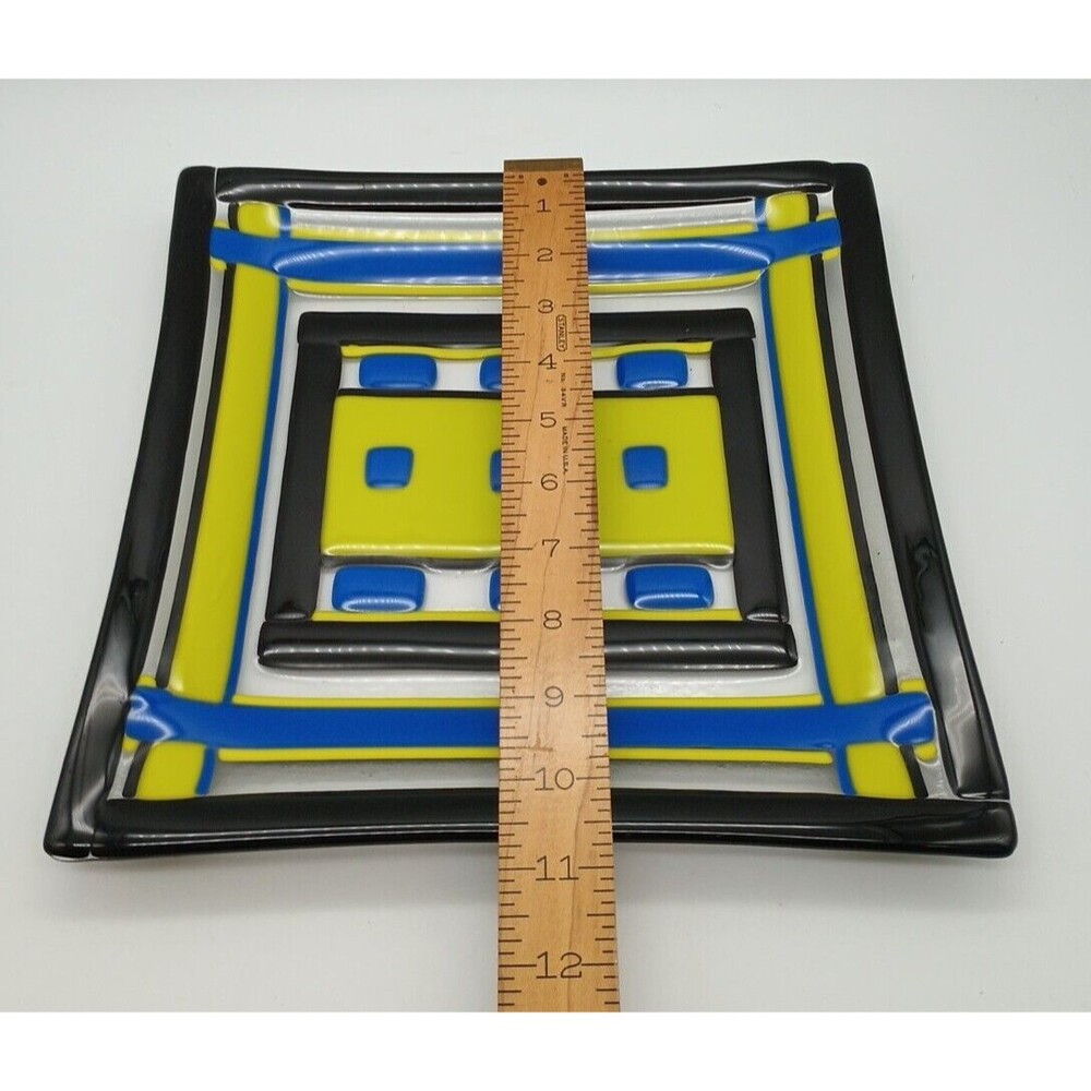 Fused Art Glass Tray Blue Yellow Black Candle Plate Centerpiece - Picture 4 of 6